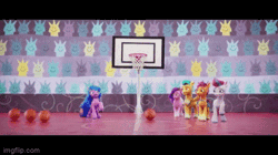 Size: 360x202 | Tagged: safe, edit, edited screencap, screencap, hitch trailblazer, izzy moonbow, pipp petals, sunny starscout, zipp storm, earth pony, pegasus, pony, unicorn, g5, my little pony: a new generation, spoiler:my little pony: a new generation, animated, basketball, basketball net, female, fit right in (g5), gif, group, mane five, mare, picture for breezies, reversed, song, sports, throwing