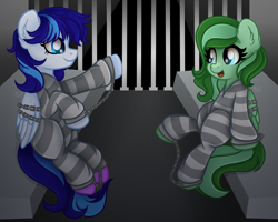 Size: 2500x2000 | Tagged: safe, artist:sweet cream, oc, oc only, oc:eden shallowleaf, oc:snowflake flower, bound wings, chained, chains, clothes, commissioner:rainbowdash69, cuffed, cuffs, duo, high res, jail, jail cell, never doubt rainbowdash69's involvement, prison, prison outfit, prison stripes, shackles, wings