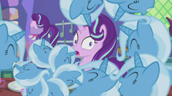 Size: 650x365 | Tagged: safe, edit, edited screencap, screencap, starlight glimmer, teacup poodle, trixie, pony, unicorn, all bottled up, g4, duo focus, duplication, eyes closed, kitchen, looking at someone, random, shocked, shocked expression, smiling, trixie army, weird