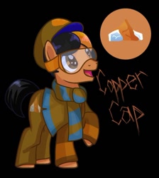 Size: 592x661 | Tagged: safe, oc, oc only, oc:copper cap, pony, black background, cap, clothes, copper, goggles, hat, scarf, simple background, solo, striped scarf