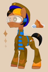 Size: 442x661 | Tagged: safe, oc, oc only, oc:copper cap, earth pony, pony, cap, clothes, copper, goggles, hat, scarf, solo, striped scarf