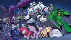Size: 1017x575 | Tagged: safe, idw, official comic, fluttershy, pinkie pie, twilight sparkle, alicorn, cybertronian, earth pony, pegasus, pony, robot, g4, the magic of cybertron, acid storm, crossover, cybertron, decepticon, frenzy, friendship in disguise, glowing eyes, gun, implied king sombra, megatron, mind control, reflector, smoke, sombrafied, transformers, twilight sparkle (alicorn), wat, weapon