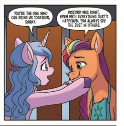 Size: 687x695 | Tagged: safe, idw, official comic, izzy moonbow, sunny starscout, earth pony, pony, unicorn, g5, spoiler:comic, spoiler:g5comic, spoiler:g5comic10, bag, cheek squish, cropped, dialogue, duo, female, holding head, mane stripe sunny, shipping fuel, speech bubble, squishy cheeks