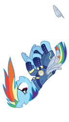 Size: 4167x7292 | Tagged: safe, alternate version, artist:gypsykumquat, rainbow dash, pegasus, pony, g4, the cutie re-mark, .svg available, absurd resolution, alternate timeline, amputee, apocalypse, apocalypse dash, artificial wings, augmented, crying, crystal war timeline, falling, female, looking back, mare, prosthetic limb, prosthetic wing, prosthetics, show accurate, simple background, solo, teary eyes, torn ear, transparent background, vector, wings
