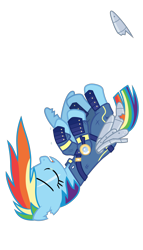 Size: 4167x7292 | Tagged: safe, alternate version, artist:gypsykumquat, rainbow dash, pegasus, pony, g4, the cutie re-mark, .svg available, absurd resolution, alternate timeline, amputee, apocalypse, apocalypse dash, artificial wings, augmented, crying, crystal war timeline, eyes closed, falling, female, mare, prosthetic limb, prosthetic wing, prosthetics, show accurate, simple background, solo, teary eyes, torn ear, transparent background, vector, wings