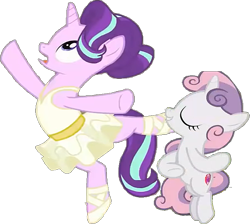 Size: 669x600 | Tagged: safe, edit, edited screencap, screencap, starlight glimmer, sweetie belle, pony, unicorn, g4, background removed, ballerina, ballet, ballet slippers, clothes, dancing, duo, glimmerina, pirouette, spinning, tutu