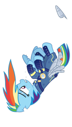 Size: 4167x7292 | Tagged: safe, alternate version, artist:gypsykumquat, rainbow dash, pegasus, pony, g4, the cutie re-mark, .svg available, absurd resolution, alternate timeline, amputee, apocalypse, apocalypse dash, artificial wings, augmented, crying, crystal war timeline, falling, female, mare, prosthetic limb, prosthetic wing, prosthetics, show accurate, simple background, solo, teary eyes, torn ear, transparent background, vector, wings