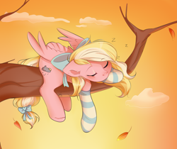 Size: 2671x2248 | Tagged: safe, artist:pledus, oc, oc only, oc:bay breeze, pegasus, pony, autumn, bow, clothes, commission, cute, eyes closed, female, hair bow, high res, leaves, mare, ocbetes, pegasus oc, sleeping, socks, solo, striped socks, tail, tail bow, tree, tree branch, wings, ych result