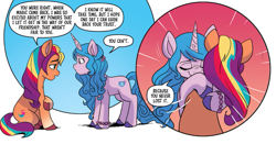 Size: 821x429 | Tagged: safe, official comic, izzy moonbow, sunny starscout, earth pony, pony, unicorn, g5, idw, official, spoiler:comic, spoiler:g5comic, spoiler:g5comic10, cropped, crying, dialogue, duo, duo female, female, hug, mane stripe sunny, shipping fuel, speech bubble