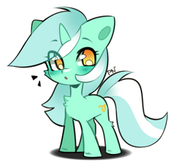 Size: 1443x1377 | Tagged: safe, artist:pledus, lyra heartstrings, pony, unicorn, g4, chest fluff, chibi, eye clipping through hair, eyebrows, eyebrows visible through hair, female, looking at you, mare, open mouth, signature, simple background, solo, white background