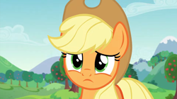 Size: 1920x1080 | Tagged: safe, screencap, applejack, earth pony, pony, g4, season 5, the mane attraction, 1080p, applejack's hat, concerned, cowboy hat, cute, female, hat, jackabetes, mare, reaction image, solo