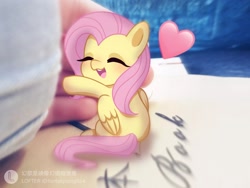 Size: 2048x1537 | Tagged: safe, artist:fantasysong, fluttershy, pegasus, pony, g4, blushing, cute, eyes closed, female, hand, heart, hug, irl, mare, open mouth, photo, ponies in real life, shyabetes, text, tiny, tiny ponies