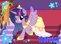 Size: 1512x1080 | Tagged: safe, artist:fantasysong, twilight sparkle, alicorn, pony, g4, blushing, clothes, dress, grin, looking at you, raised hoof, show accurate, smiling, spread wings, twilight sparkle (alicorn), wings