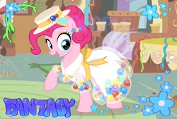 Size: 1593x1080 | Tagged: safe, artist:fantasysong, pinkie pie, earth pony, pony, g4, candy, clothes, dress, female, food, hat, makeup, mare, open mouth, raised hoof, show accurate, solo, sugarcube corner
