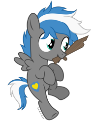 Size: 4416x5609 | Tagged: safe, artist:suramii, oc, oc:cloud zapper, pegasus, pony, colt, foal, male, mouth hold, pegasus oc, simple background, solo, spread wings, transparent background, vector, wings, wooden sword
