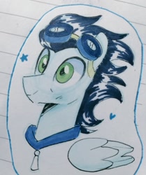 Size: 857x1024 | Tagged: safe, artist:darkynez, soarin', pegasus, pony, g4, blushing, goggles, heart, smiling, traditional art