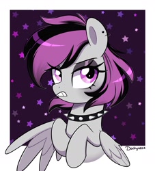 Size: 2000x2200 | Tagged: safe, artist:darkynez, oc, oc only, pegasus, pony, angry, choker, ear piercing, earring, grimace, high res, jewelry, looking at you, piercing, solo, spiked choker, spread wings, wings
