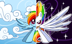 Size: 3840x2360 | Tagged: safe, artist:domesticmaid, rainbow dash, pegasus, pony, commission, commissioner:lux-klonoa, element of loyalty, fanon, female, mare, solo, spread wings, super rainbow dash, two sides, wings