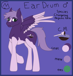 Size: 3083x3200 | Tagged: safe, artist:maître cervidé, oc, oc only, oc:eardrum, pegasus, pony, blue background, disguise, disguised changeling, high res, male, reference sheet, request, simple background, solo