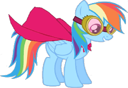 Size: 751x520 | Tagged: safe, artist:incredibubbleirishguy, edit, editor:incredibubbleirishguy, rainbow dash, pegasus, pony, g4, g4.5, my little pony: pony life, cape, clothes, danger dash, g4.5 to g4, generation leap, goggles, low quality, pixelated, simple background, solo, superhero, superhero costume, transparent background