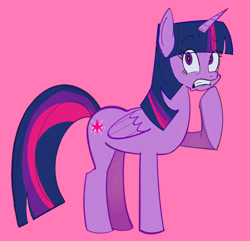 Size: 667x642 | Tagged: safe, artist:pekodayz, twilight sparkle, alicorn, pony, g4, frown, gritted teeth, hoof on chin, pink background, raised hoof, simple background, solo, standing, teeth, twilight sparkle (alicorn)