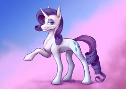 Size: 1063x752 | Tagged: safe, artist:klarapl, rarity, pony, unicorn, g4, concave belly, female, lidded eyes, looking at you, mare, raised hoof, slender, smiling, smiling at you, solo, standing, thin
