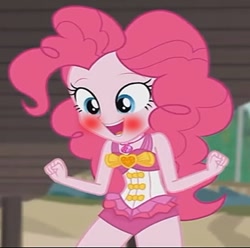 Size: 911x903 | Tagged: safe, edit, edited screencap, screencap, pinkie pie, human, equestria girls, g4, my little pony equestria girls: better together, x marks the spot, blushing, clothes, cropped, cute, excited, geode of sugar bombs, magical geodes, one-piece swimsuit, pinkie pie swimsuit, swimsuit