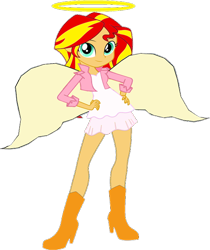 Size: 496x590 | Tagged: safe, artist:incredibubbleirishguy, edit, editor:incredibubbleirishguy, sunset shimmer, angel, human, equestria girls, g4, female, halo, hand on hip, simple background, solo, spread wings, transparent background, white dress, wings, wrong aspect ratio
