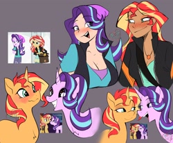 Size: 4096x3378 | Tagged: safe, artist:ecstasydemon, starlight glimmer, sunset shimmer, human, pony, unicorn, equestria girls, g4, bedroom eyes, blushing, breasts, cleavage, clothes, duo, female, freckles, heart, heart eyes, humanized, lesbian, lidded eyes, looking at each other, looking at someone, open mouth, peppered bacon, ship:shimmerglimmer, shipping, smiling, smirk, tan skin, wingding eyes