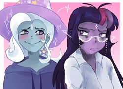 Size: 2048x1479 | Tagged: safe, artist:dmitrymemovznok, trixie, twilight sparkle, human, equestria girls, g4, blushing, clothes, duo, ear piercing, female, frown, glasses, hat, hoodie, lesbian, piercing, ship:twixie, shipping, smiling