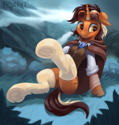 Size: 2562x2690 | Tagged: safe, artist:foxpit, oc, oc only, oc:wrench ironbolt, pony, unicorn, clothes, crossdressing, floppy ears, goggles, goggles on head, high res, male, raised leg, smiling, socks, solo, stockings, thigh highs, underhoof