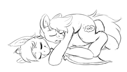 Size: 1920x1080 | Tagged: artist needed, safe, oc, oc:stellar light, oc:wishful thinking, bat pony, earth pony, pony, duo, eyes closed, gay, lying down, male, monochrome, on back, simple background, sleeping, snuggling