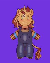 Size: 1651x2048 | Tagged: safe, artist:cardigansandcats, sunset shimmer, pony, unicorn, g4, :3, blue background, blushing, child's play, chucky, clothes, overalls, simple background, solo, standing