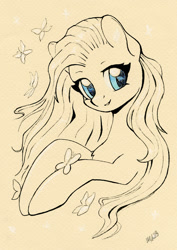Size: 850x1200 | Tagged: safe, artist:maytee, fluttershy, butterfly, pegasus, pony, g4, aside glance, bust, cute, female, looking at you, mare, partial color, shyabetes, smiling, solo, three quarter view, traditional art