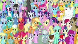 Size: 1000x563 | Tagged: safe, edit, edited screencap, editor:incredibubbleirishguy, screencap, aloe, amethyst star, apple bloom, applejack, berry punch, berryshine, big macintosh, bon bon, bulk biceps, carrot cake, carrot top, cheerilee, cherry berry, cloudchaser, cup cake, daisy, derpy hooves, diamond tiara, dj pon-3, doctor whooves, flitter, flower wishes, fluttershy, golden harvest, granny smith, lemon hearts, lily, lily valley, linky, lotus blossom, lyra heartstrings, mayor mare, minuette, octavia melody, pinkie pie, pipsqueak, pokey pierce, pound cake, pumpkin cake, rainbow dash, rarity, roseluck, sassaflash, scootaloo, sea swirl, seafoam, shoeshine, silver spoon, snails, snips, sparkler, spike, spring melody, sprinkle medley, starlight glimmer, sunshower raindrops, sweetie belle, sweetie drops, thunderlane, time turner, twilight sparkle, twinkleshine, twist, vinyl scratch, alicorn, dragon, earth pony, pegasus, pony, unicorn, g4, she's all yak, the cutie re-mark, background pony, crowd, cutie mark crusaders, everypony, female, filly, foal, group photo, group picture, group shot, male, mane seven, mane six, mare, new hairstyle, stallion, twilight sparkle (alicorn), wall of tags
