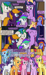 Size: 1920x3168 | Tagged: safe, artist:alexdti, applejack, fluttershy, pinkie pie, rainbow dash, rarity, starlight glimmer, twilight sparkle, oc, oc:bright comet, oc:purple creativity, oc:star logic, oc:violet moonlight, alicorn, earth pony, pegasus, pony, unicorn, comic:quest for friendship, g4, the last problem, ^^, applejack's hat, bracelet, brother and sister, colt, comic, cowboy hat, crown, dialogue, ears back, eyes closed, father and child, father and daughter, father and son, female, filly, flying, foal, folded wings, glasses, hat, high res, hooves, horn, husband and wife, jewelry, looking at each other, looking at someone, male, mane six, mare, mother and child, mother and daughter, mother and son, older, older applejack, older fluttershy, older mane six, older pinkie pie, older rainbow dash, older rarity, older twilight, older twilight sparkle (alicorn), open mouth, open smile, pegasus oc, ponytail, princess twilight 2.0, raised hoof, regalia, siblings, smiling, speech bubble, spread wings, stallion, standing, starry eyes, twilight sparkle (alicorn), twins, two toned mane, unicorn oc, wall of tags, wingding eyes, wings
