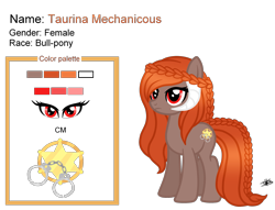 Size: 2693x2054 | Tagged: safe, artist:princessmoonsilver, oc, oc only, oc:taurina mechanicous, hybrid, pony, braid, cutie mark, high res, horns, reference sheet, simple background, solo, transparent background