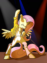 Size: 1280x1707 | Tagged: safe, artist:annacurser, fluttershy, pegasus, pony, g4, belt, bipedal, chest fluff, clothes, epic, eyes closed, female, freddie mercury, gritted teeth, jacket, mare, microphone, open clothes, open jacket, pants, parody, queen (band), raised hoof, shirt, solo, spotlight, teeth