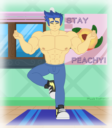 Size: 3500x4000 | Tagged: safe, alternate version, artist:musclecreationist, flash sentry, human, equestria girls, g4, abs, clothes, converse, eyes closed, flex sentry, high res, male, male nipples, multiple variants, muscles, muscular male, nipples, partial nudity, shoes, solo, standing, standing on one leg, topless, yoga