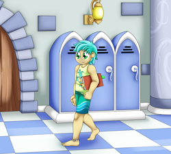 Size: 5000x4500 | Tagged: safe, artist:pvryohei, sandbar, human, g4, anklet, barefoot, barefooting, book, clothes, commission, door, feet, hallway, humanized, jewelry, lockers, male, school, school of friendship, shorts, solo, tank top