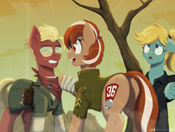 Size: 1600x1200 | Tagged: safe, artist:willoillo, oc, oc only, oc:roulette, oc:sunny hymn, earth pony, pegasus, pony, fallout equestria, fallout equestria: red 36, bandage, butt, clothes, fanfic art, lightly watermarked, military uniform, plot, trio, uniform, watermark
