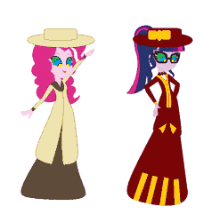 Size: 742x751 | Tagged: safe, artist:brightstar40k, artist:selenaede, pinkie pie, sci-twi, twilight sparkle, human, equestria girls, g4, animated, base used, clothes, dress, duo, edwardian, humanized, hypno eyes, hypnosis, hypnotized, long dress, long skirt, simple background, skirt, white background