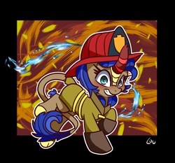 Size: 2060x1916 | Tagged: safe, artist:lou, oc, oc only, oc:cobalt flame, kirin, clothes, costume, firefighter, gloves, halloween, halloween costume, kirin oc
