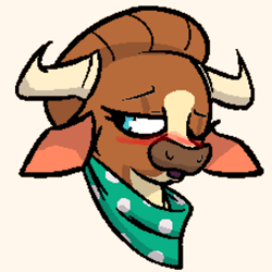 Size: 464x464 | Tagged: safe, madison (tfh), cow, them's fightin' herds, bandana, banned from foenum, community related, female, lidded eyes, one eye closed, open mouth