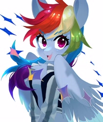 Size: 2894x3432 | Tagged: safe, artist:potetecyu_to, rainbow dash, pegasus, pony, g4, chest fluff, clothes, female, high res, jacket, looking at you, mare, simple background, smiling, smiling at you, solo, white background