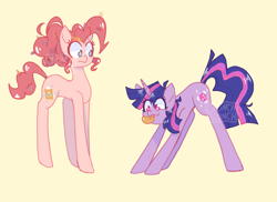 Size: 1280x934 | Tagged: safe, artist:chunchalunch, pinkie pie, twilight sparkle, earth pony, pony, unicorn, :p, alternate cutie mark, alternate hairstyle, alternate name, alternate universe, concave belly, cream background, duo, duo female, female, long legs, mare, messy mane, no pupils, paper clip, pencil, role reversal, shiny mane, silly, silly pony, simple background, tongue out, unicorn twilight, yellow background