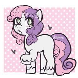 Size: 1280x1280 | Tagged: safe, artist:bleed-more, sweetie belle, pony, unicorn, g4, :o, abstract background, blank flank, female, filly, foal, frame, heart, no pupils, open mouth, polka dots, shiny mane, signature, solo, unshorn fetlocks
