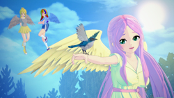 Size: 1920x1080 | Tagged: safe, artist:mtakara, derpy hooves, fluttershy, rainbow dash, bird, human, g4, 3d, converse, flying, humanized, koikatsu, shoes, winged humanization, wings