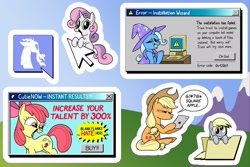Size: 2048x1365 | Tagged: safe, artist:mellodillo, applejack, derpy hooves, discord, sweetie belle, trixie, draconequus, earth pony, pegasus, pony, unicorn, g4, advertisement, apple (company), censored vulgarity, computer, cute, dialogue, diasweetes, discord (program), error message, fake cutie mark, female, filly, foal, folder, grawlixes, grin, hoof hold, ipad, mare, microsoft, microsoft windows, namesake, nervous, nervous smile, open mouth, open smile, pointer, pop up, pun, shrug, sitting, smiling, speech bubble, visual pun, windows 95