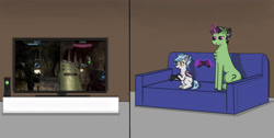 Size: 1641x828 | Tagged: safe, artist:nismorose, oc, oc:anon, oc:nocturnal pike, bat pony, pony, unicorn, fanfic:the long and short of it, 2 panel comic, bat wings, big pony, chest fluff, comic, controller, couch, duo, ear fluff, ear tufts, excited, fanfic, fanfic art, fangs, female, glowing, glowing horn, halo, halo (series), halo 3, hand, happy, horn, indoors, magic, magic hands, male, mare, sitting, slit pupils, small pony, split screen, stallion, telekinesis, television, two sides, wings, xbox, xbox 360, xbox 360 controller